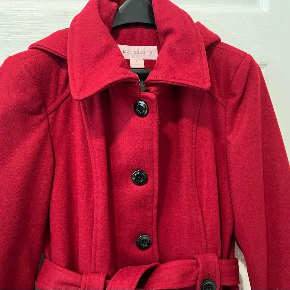 Liz Clairborne Women L Elegant Burgundy Red Peacoat/Winter Coat  Wool Blend Hood